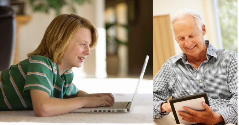 Older male mentor and middle school aged mentee connect via computers
